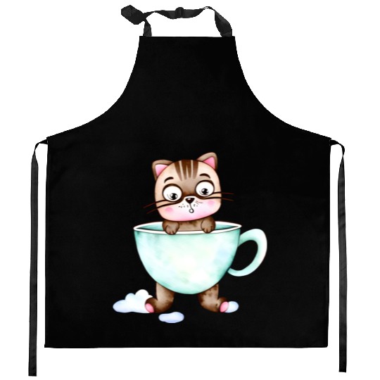 Surprised Silly Cat Wearing Coffee Cup Kitchen Aprons