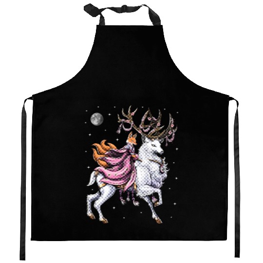 Japanese Kitsune Fox Riding Cherry Blossom Deer Kitchen Aprons