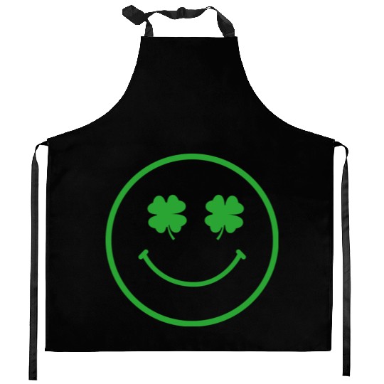 Green shamrock happy face Kitchen Aprons