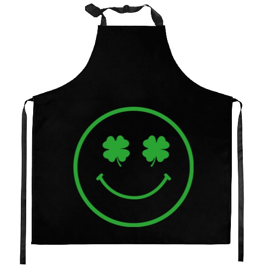 Green shamrock happy face Kitchen Aprons