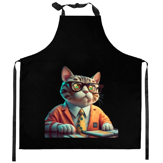3D Business Cat Analyzes Charts - Design Kitchen Aprons