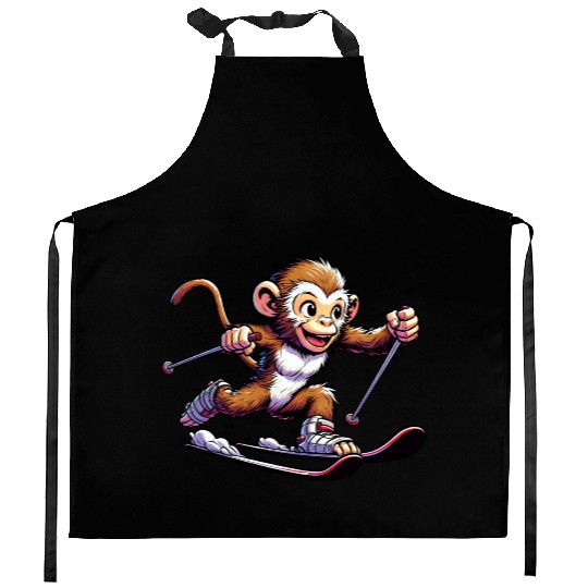Monkey Chimpanzee Skier Winter Vacation Design Kitchen Aprons