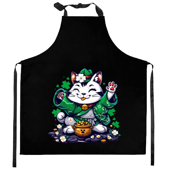 Kawaii St Patricks Day Cat With a Pot Of Gold Kitchen Aprons