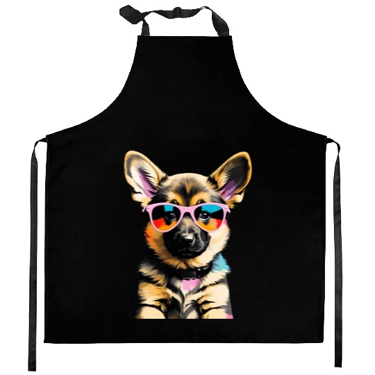 Cute German Sheppard Puppy Pop Art Kitchen Aprons