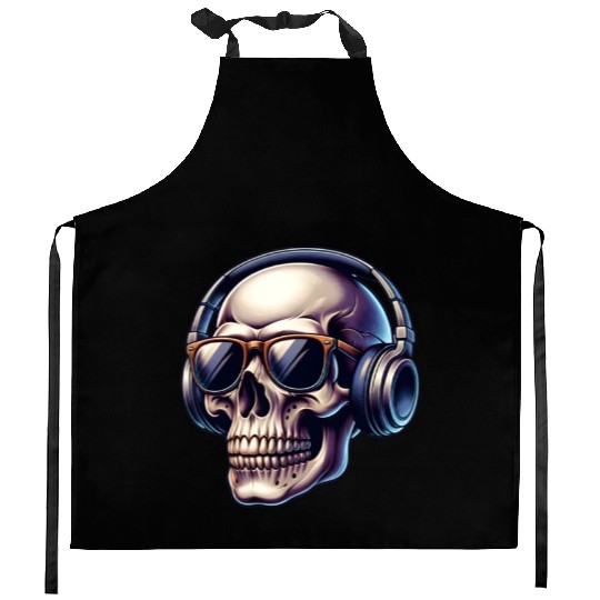 skull wearing headphone Kitchen Aprons