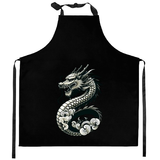 Moonlit Serenity of the Silver Dragon Kitchen Aprons