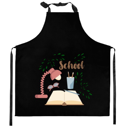 School print with plants open book and eyeglasses Kitchen Aprons