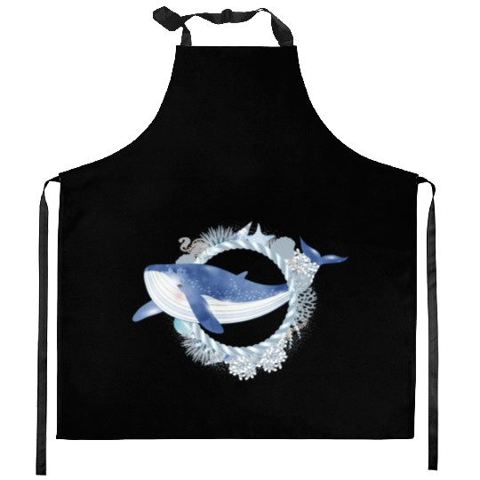 blue whale fish in coral reef in watercolor style Kitchen Aprons
