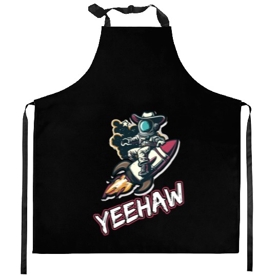 Space Cowboy Riding a Rocket with Yeehaw Slogan Kitchen Aprons