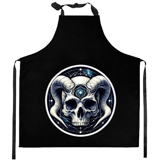 Cosmic Nirvana Serenity: Horned Skull Kitchen Aprons