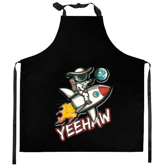 Space Cowboy Riding a Rocket with Yeehaw Slogan Kitchen Aprons