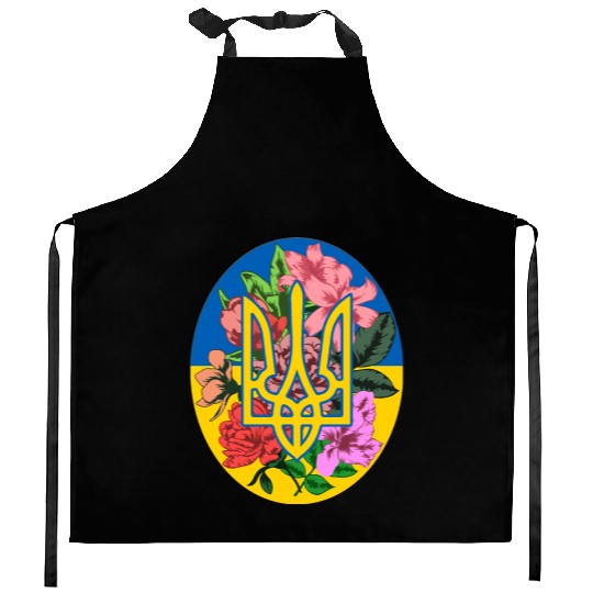 Ukrainian trident and flag of Ukraine with flowers Kitchen Aprons