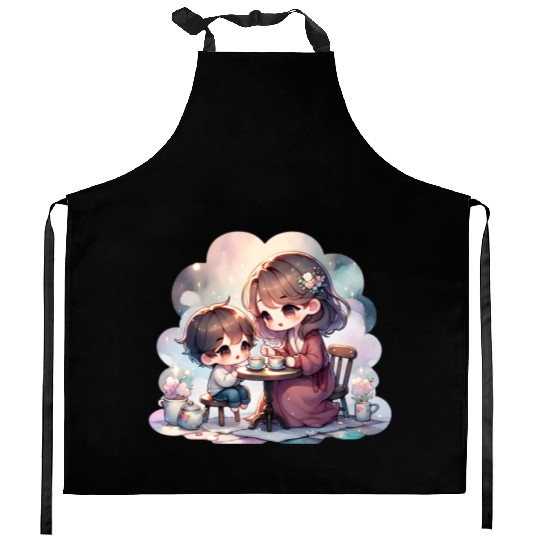Mother and Son Enjoying a Cozy Tea Party Kitchen Aprons