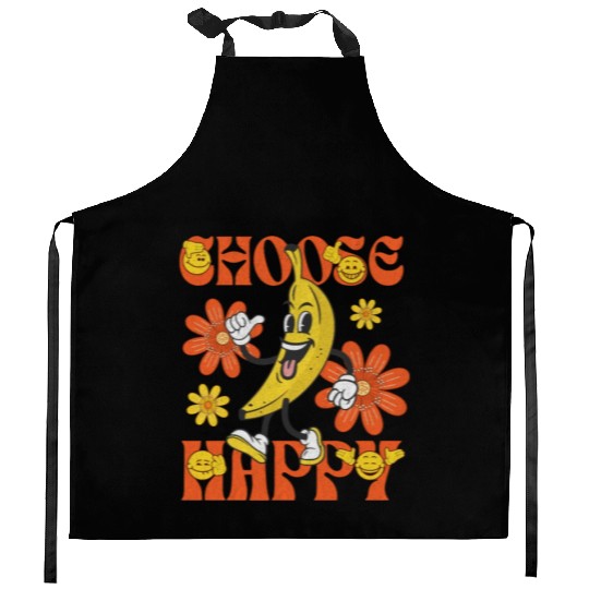 Choose Happy Retro Banana Mascot Kitchen Aprons