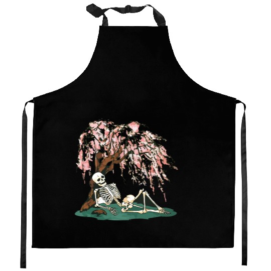 Skeleton in Repose Under a Cherry Blossom Tree Kitchen Aprons