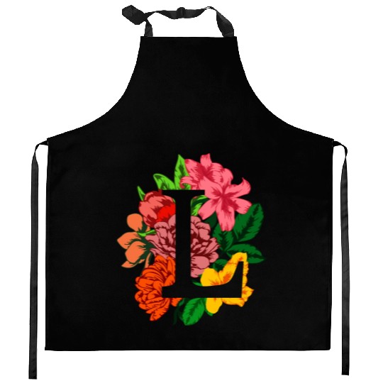 Capital letter L monogram with peony, lily flowers Kitchen Aprons