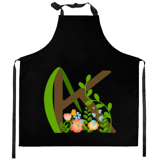 Capital letter K monogram and wildflowers Kitchen Aprons