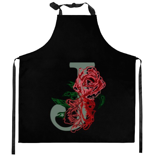 Capital letter J monogram and contour rose flowers Kitchen Aprons