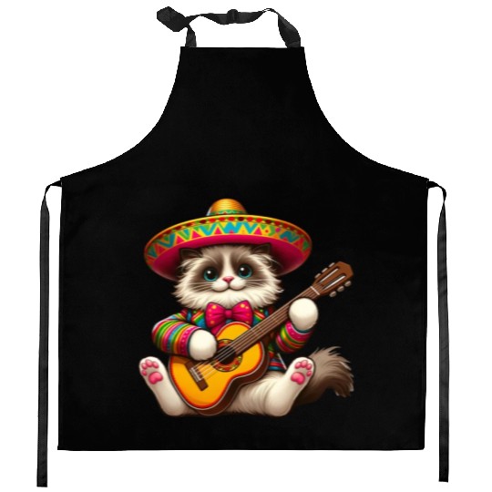 Cinco de Mayo Cat with Guitar Kitchen Aprons