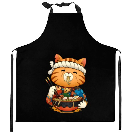 Cute anime cat eating ramen noodles Kitchen Aprons