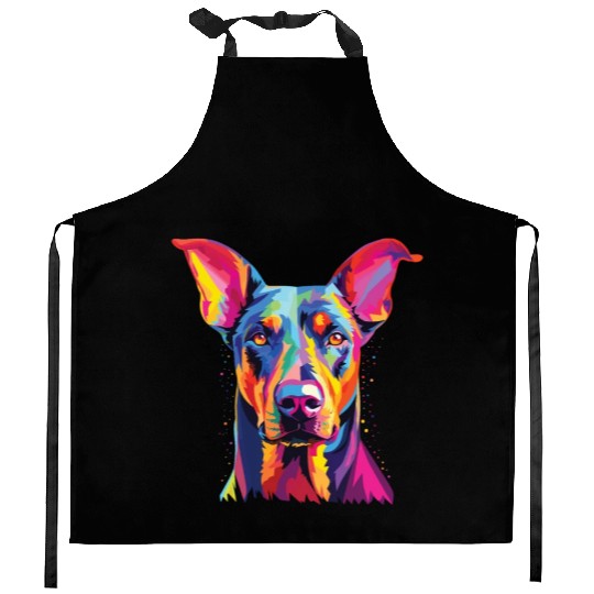 Watercolor Colorful Doberman Pinscher Kitchen Aprons