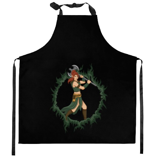 Female Elf Warrior With An Iron Axe Kitchen Aprons