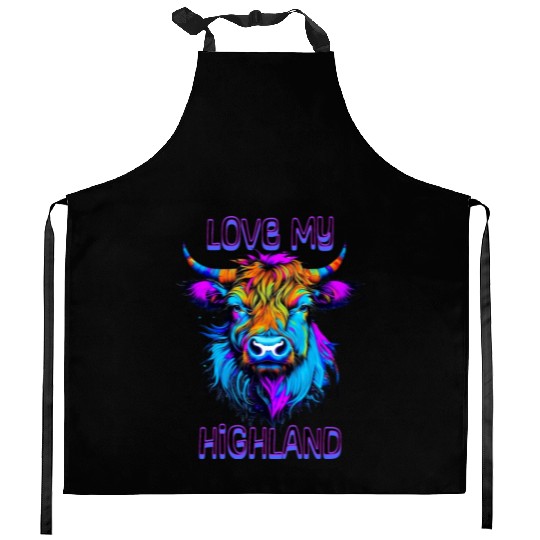 I Love My Highland | Psychedelic Cow Art Kitchen Aprons