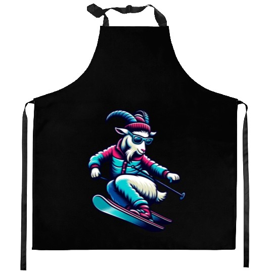 Funny Goat Skiing Down The Snowy Slopes Kitchen Aprons