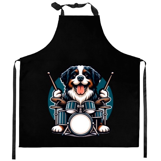 Cool Bernese Mountain Dog Drummer Design Kitchen Aprons