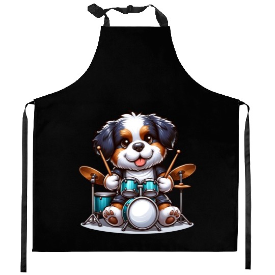 Cool Bernese Mountain Dog Drummer Design Kitchen Aprons