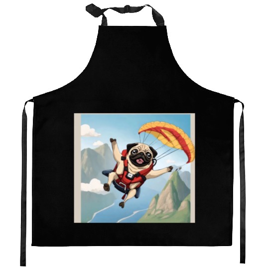 A pug skydiving Kitchen Aprons