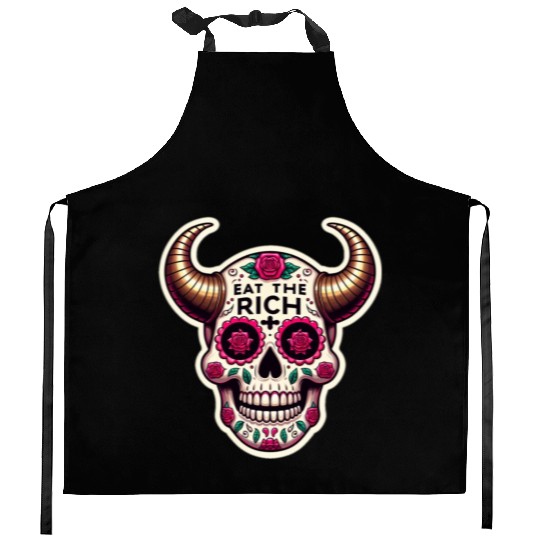 Horned Sugar Skull, eat the rich skull Kitchen Aprons