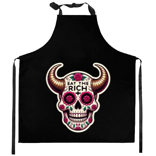 Horned Sugar Skull, eat the rich skull Kitchen Aprons