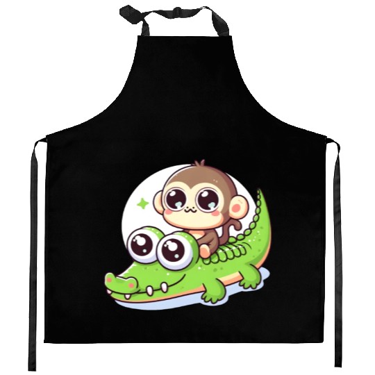 Cute monkey rides crocodile Kitchen Aprons
