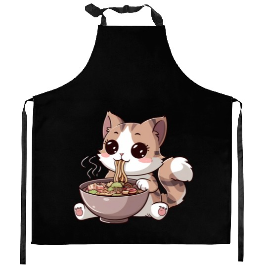 Kawaii Cat Eating Ramen Kitchen Aprons