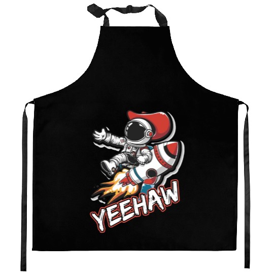 Space Cowboy Riding a Rocket with Yeehaw Slogan Kitchen Aprons