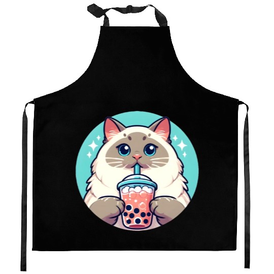 Siamese cat having bubble tea Kitchen Aprons