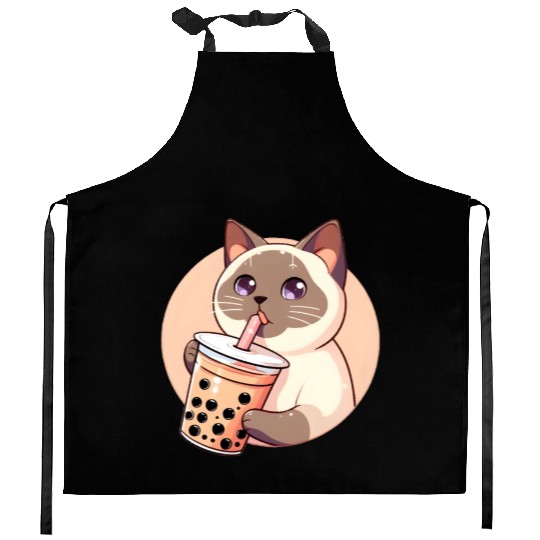 Siamese cat having bubble tea Kitchen Aprons