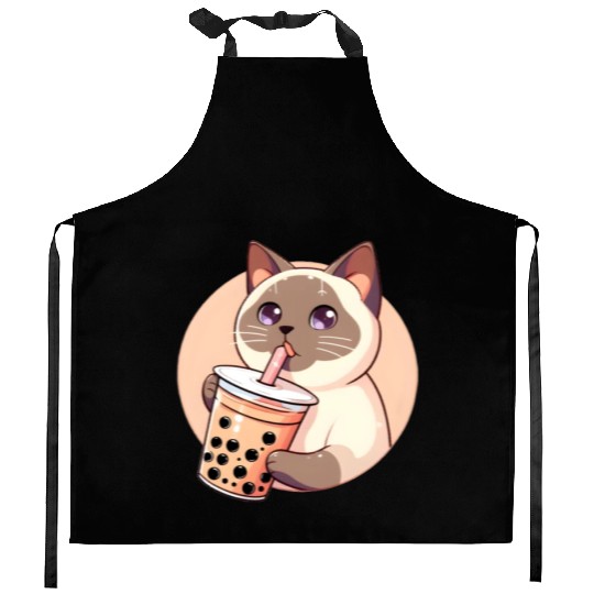 Siamese cat having bubble tea Kitchen Aprons
