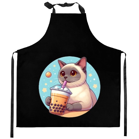 Siamese cat having bubble tea Kitchen Aprons