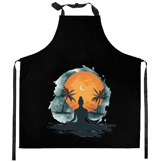 Tropical Sunset Meditation Silhouette Kitchen Aprons