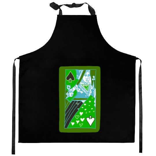 Green Queen of Spades Playing Card Kitchen Aprons
