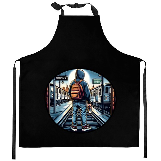 AI Teen in Outdoor Subway Yard - Circle Border Kitchen Aprons