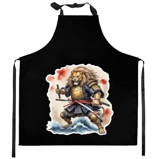 Lion samurai style Kitchen Aprons