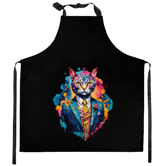 Cat in suit Kitchen Aprons