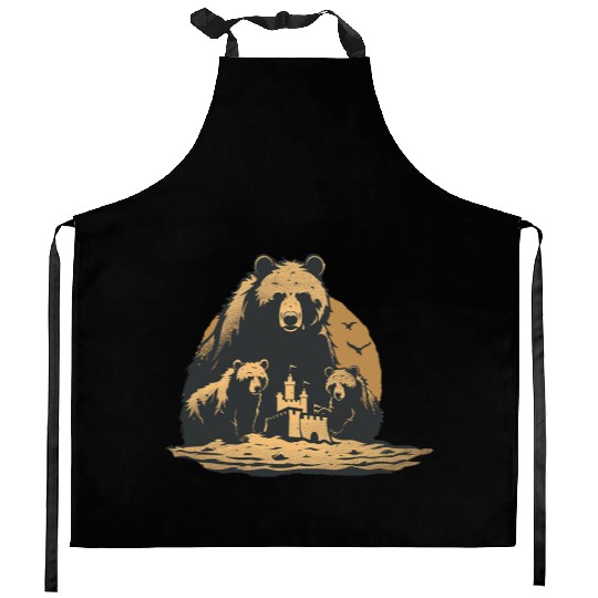 Momma Bear and Two Bear Cubs Building a Sand Castl Kitchen Aprons