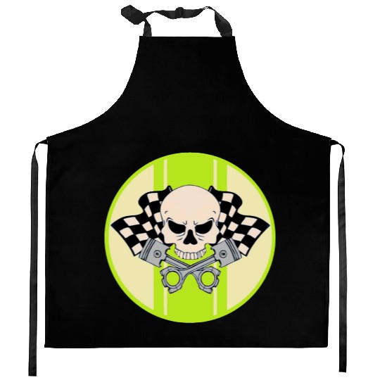 Light green racing stripe with skull and pistons Kitchen Aprons