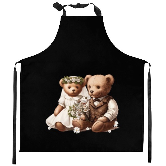 Vintage wedding: teddy bear bride and groom Kitchen Aprons