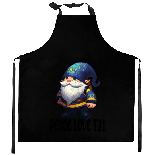 t21 gnomes Peace Love Kitchen Aprons