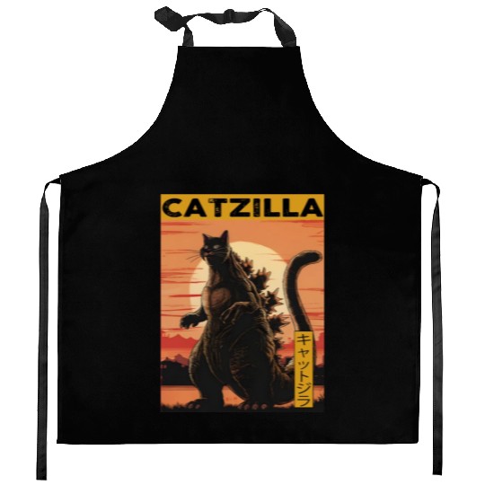 Catzilla Vintage Funny Cute Cat Art Japanese Sunse Kitchen Aprons